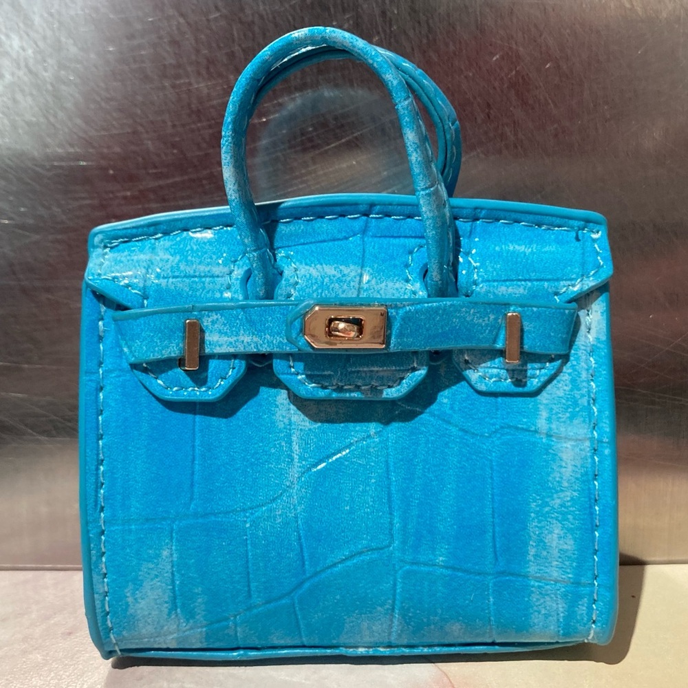 🐊 👜 Handmade Mini Blue Crocodile Pattern Birkin AirPods Tote Bag Charm Miniature